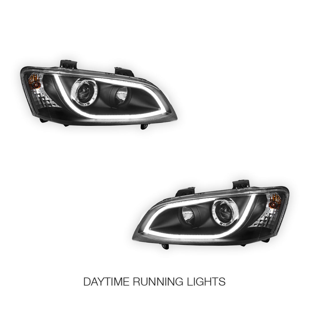 Holden Commodore VE Series 2 (2009 - 2013) Black LED 3D DRL Projector Headlights LH + RH