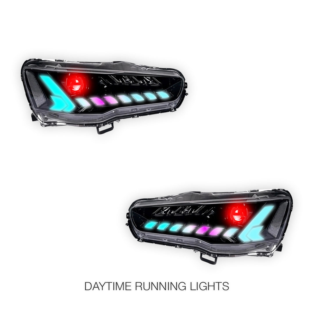Mitsubishi Lancer Evo 10 (2007 - 2017) RGB Demon Eye Style LED DRL Projector Headlights LH + RH