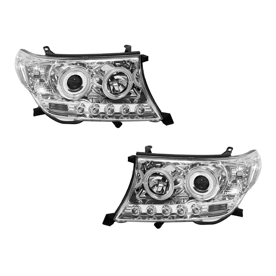 Toyota LandCruiser 200 Series (2007 - 2015) Clear / Black Halo Angel Eyes Headlights LH + RH